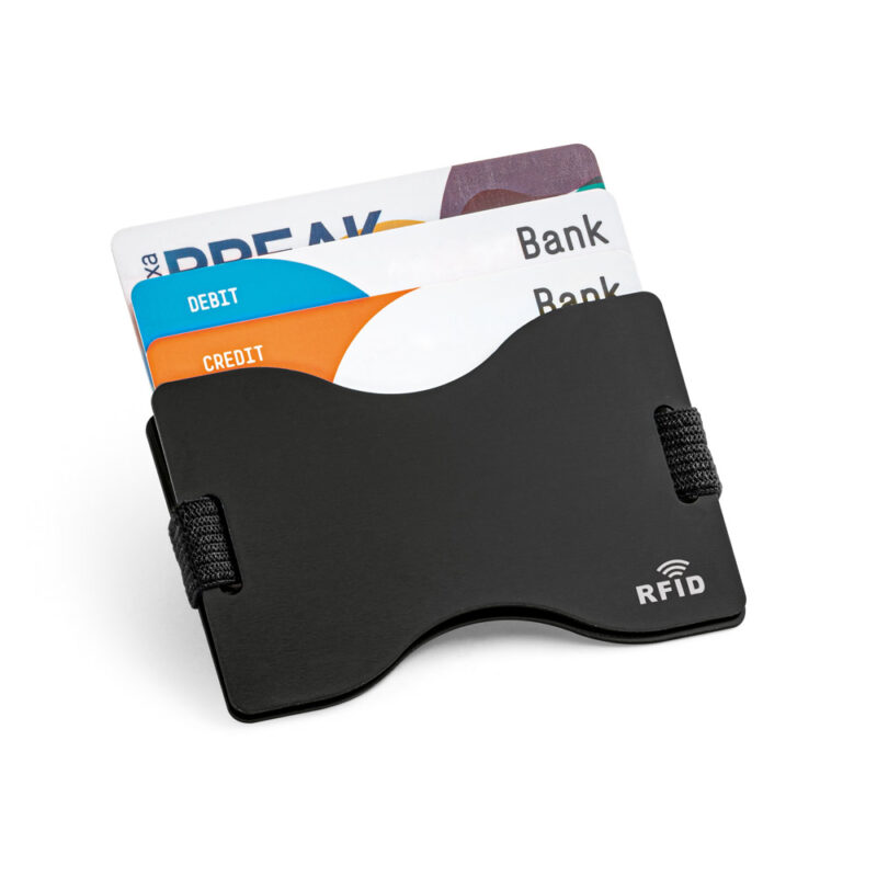 Porta cartões com bloqueio RFID e fita elástica em poliéster