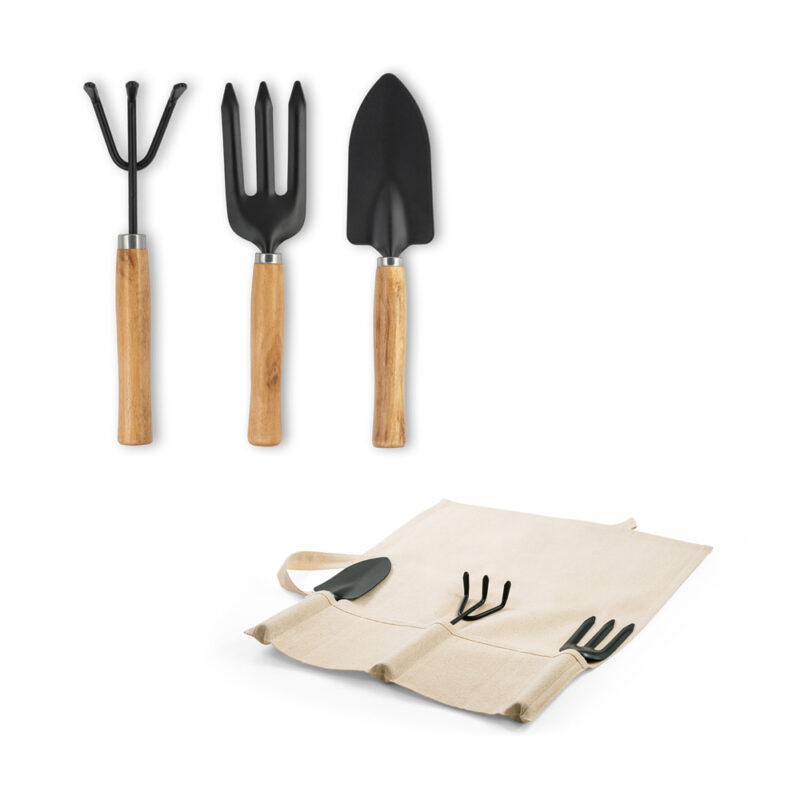 Conjunto de jardinagem com 3 ferramentas em metal e madeira de eucalipto