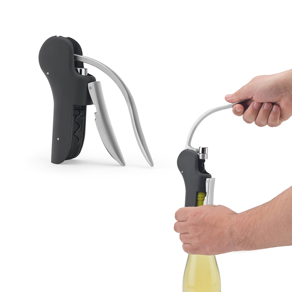 Saca-rolhas em ABS e zinco com alavanca automática para abertura fácil